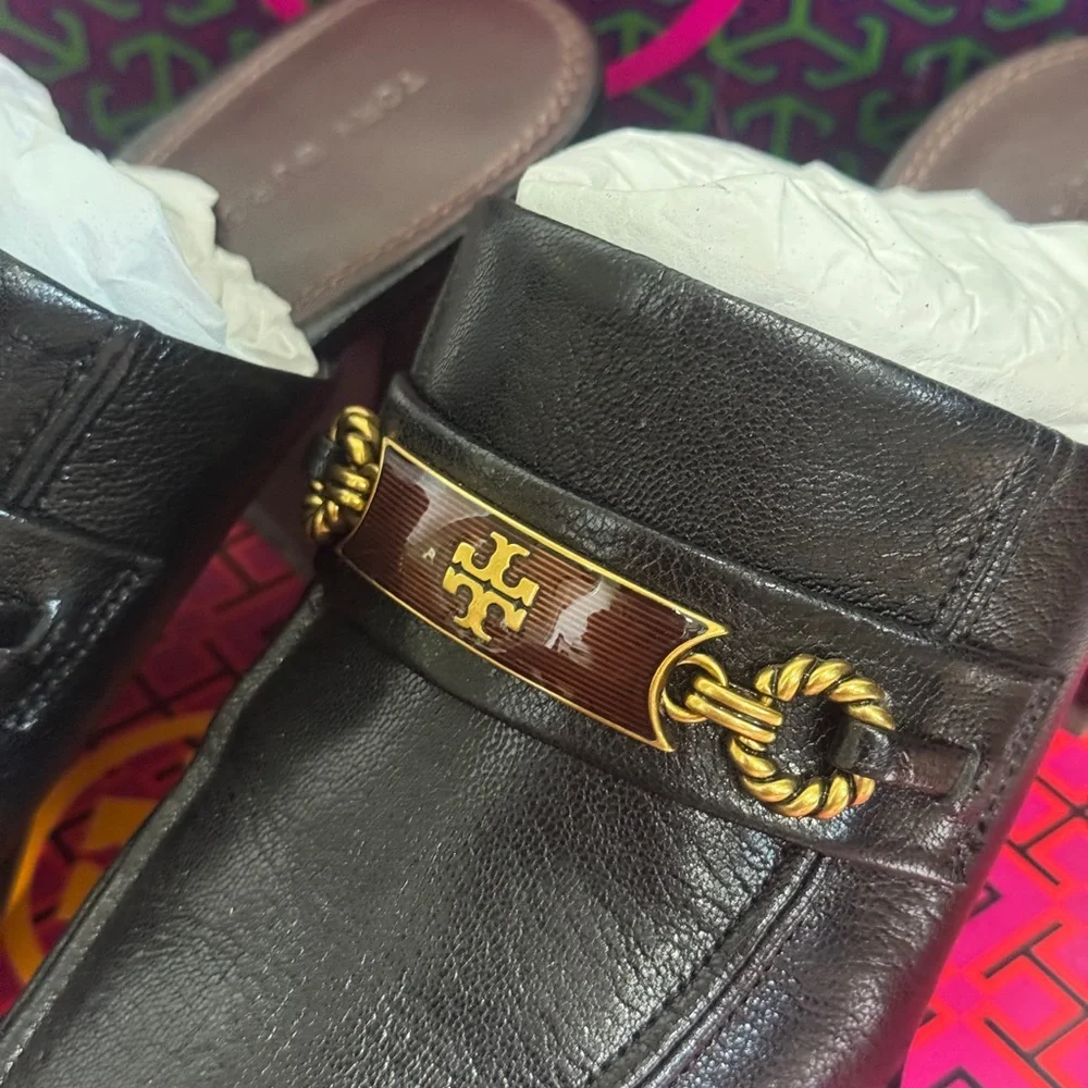 Tory Burch Black Leather Slip-On Mules with Gold-Tone Logo Hardware